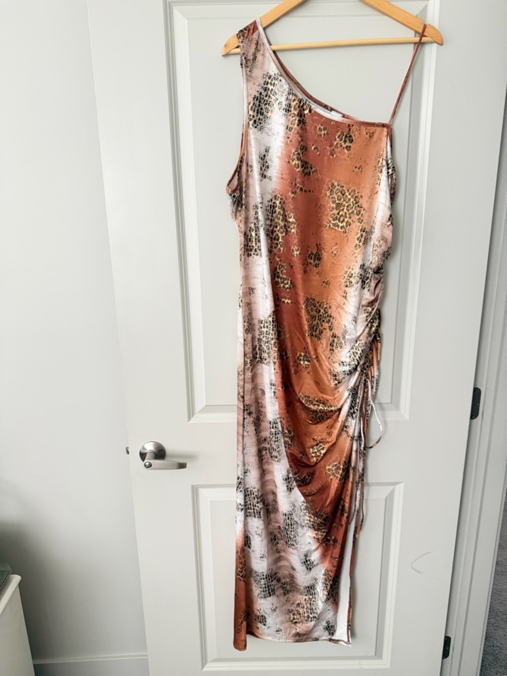 One-Shoulder Copper Brown Animal-Print Maxi Dress - Picture 3 of 3